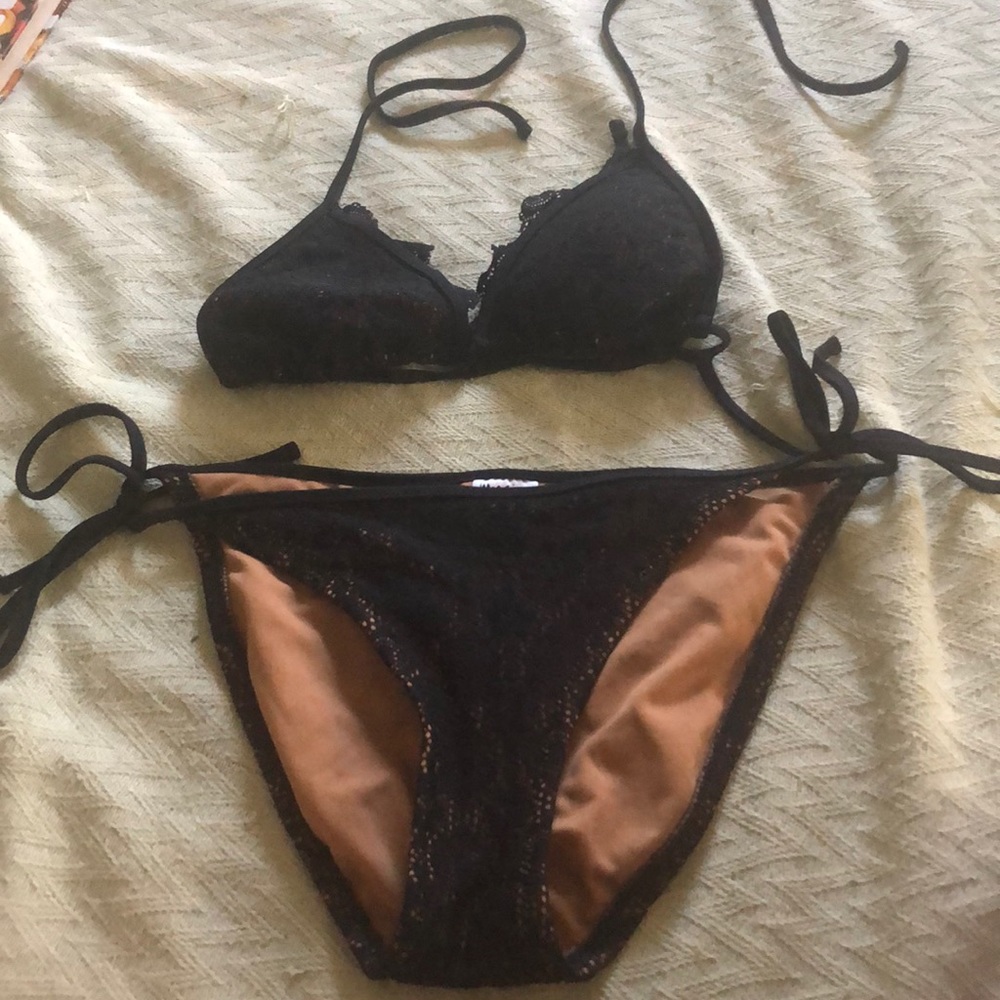 Black and Tan bikini with lace trim